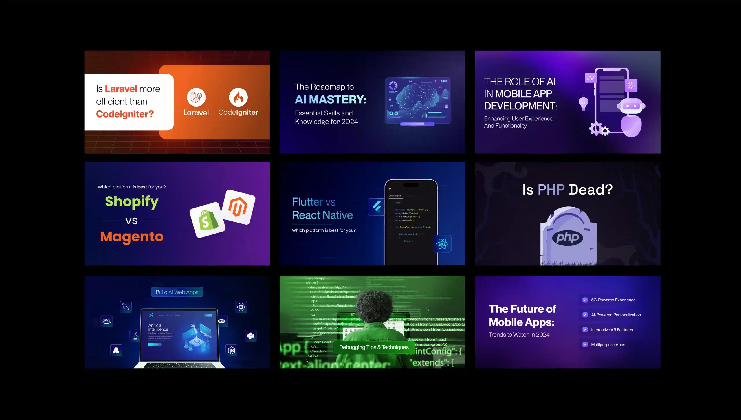 Grid of tech topic cards including comparisons and insights on Laravel vs CodeIgniter, AI mastery roadmap, AI in mobile app development, Shopify vs Magento, Flutter vs React Native, PHP status, AI web app building, debugging tips, and future mobile app trends.