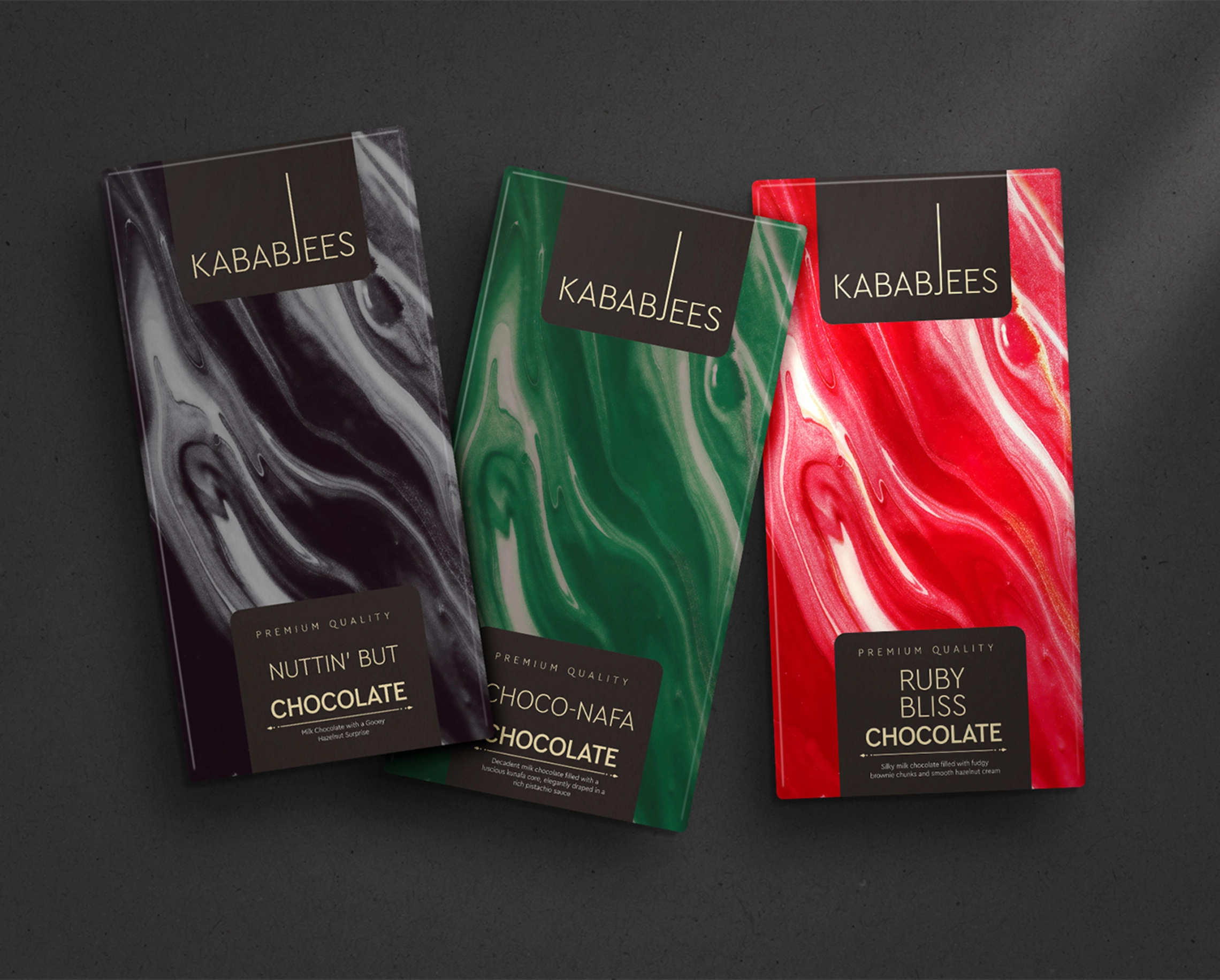 Elegant chocolate packaging design for Kababjees Chocolates by Comart Studios, featuring premium branding and rich visuals