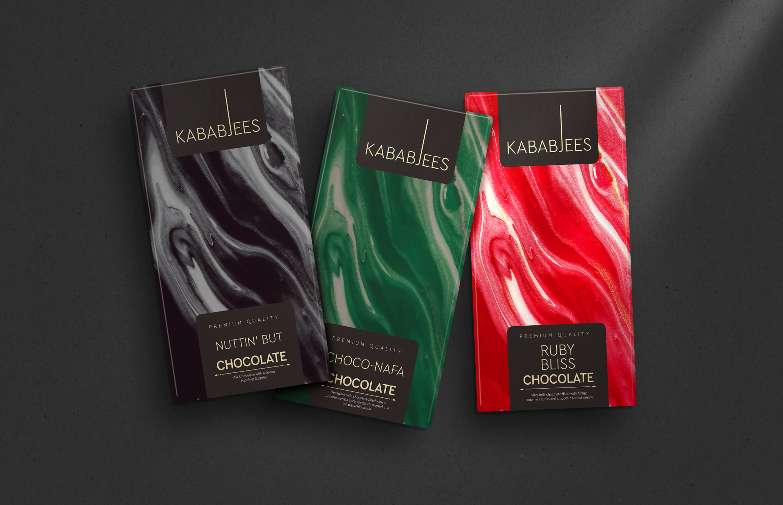Elegant chocolate packaging design for Kababjees Chocolates by Comart Studios, featuring premium branding and rich visuals